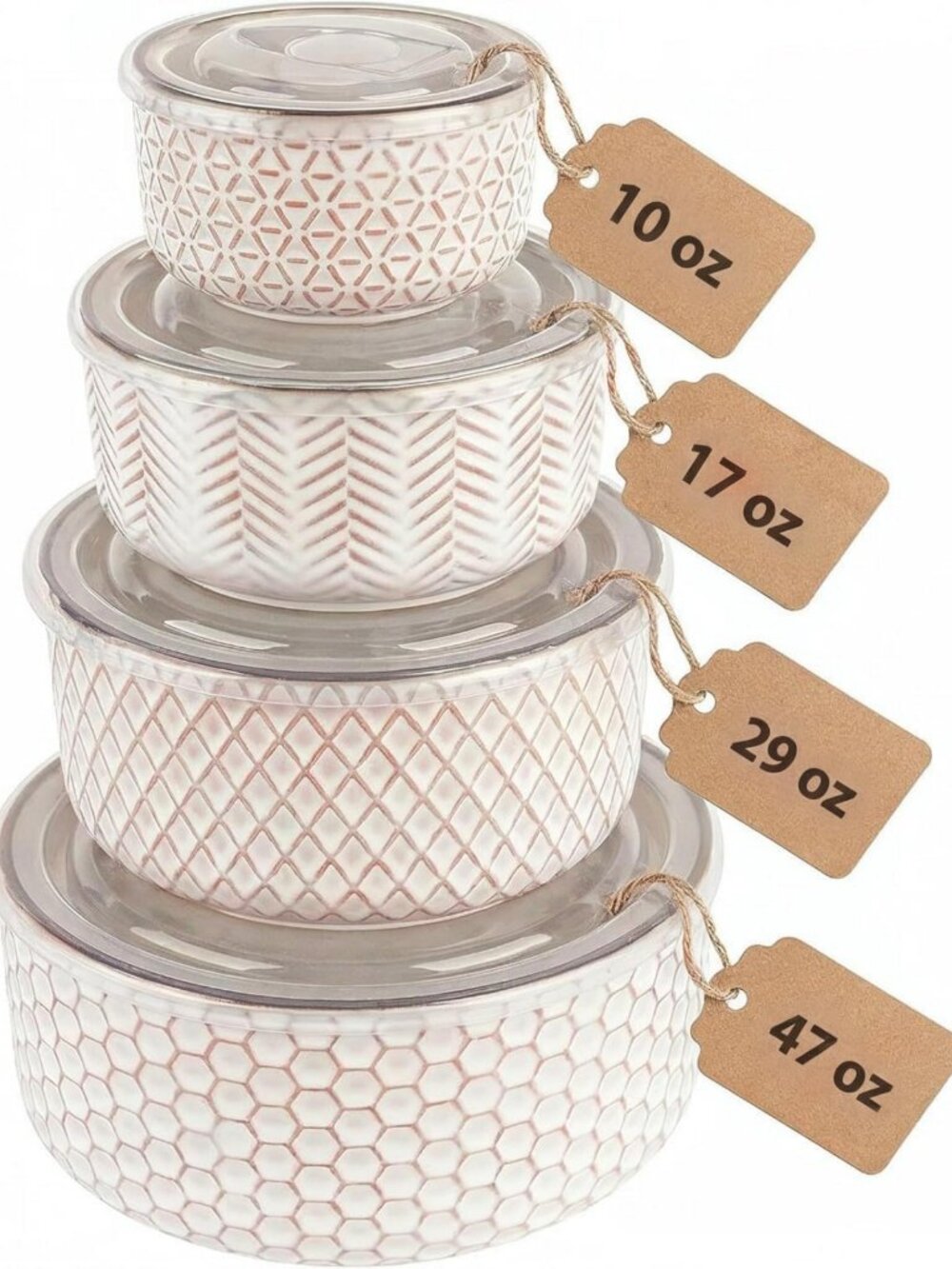 Set of 4 Ivory Ceramic Nesting Bowls with Lids - Embossed Stoneware Kitchenware